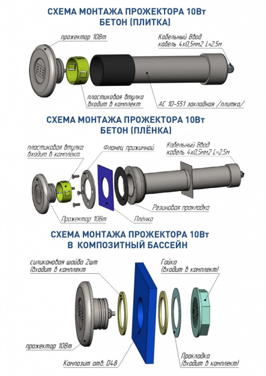 Прожектор 10 Вт RGB (AISI 316L)  АС 10.500/L 