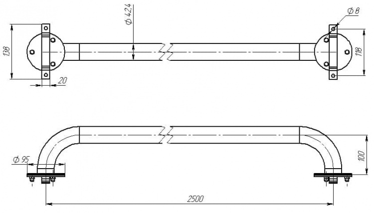 Поручень вдоль борта 2,5 м, плитка (AISI 316L)  АС 12.251/L 
