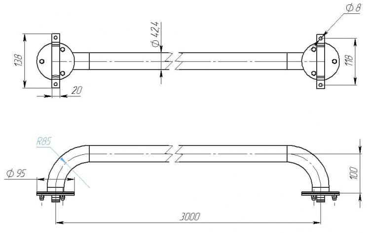 Поручень вдоль борта 3 м, плитка (AISI 316L)  АС 12.301/L 